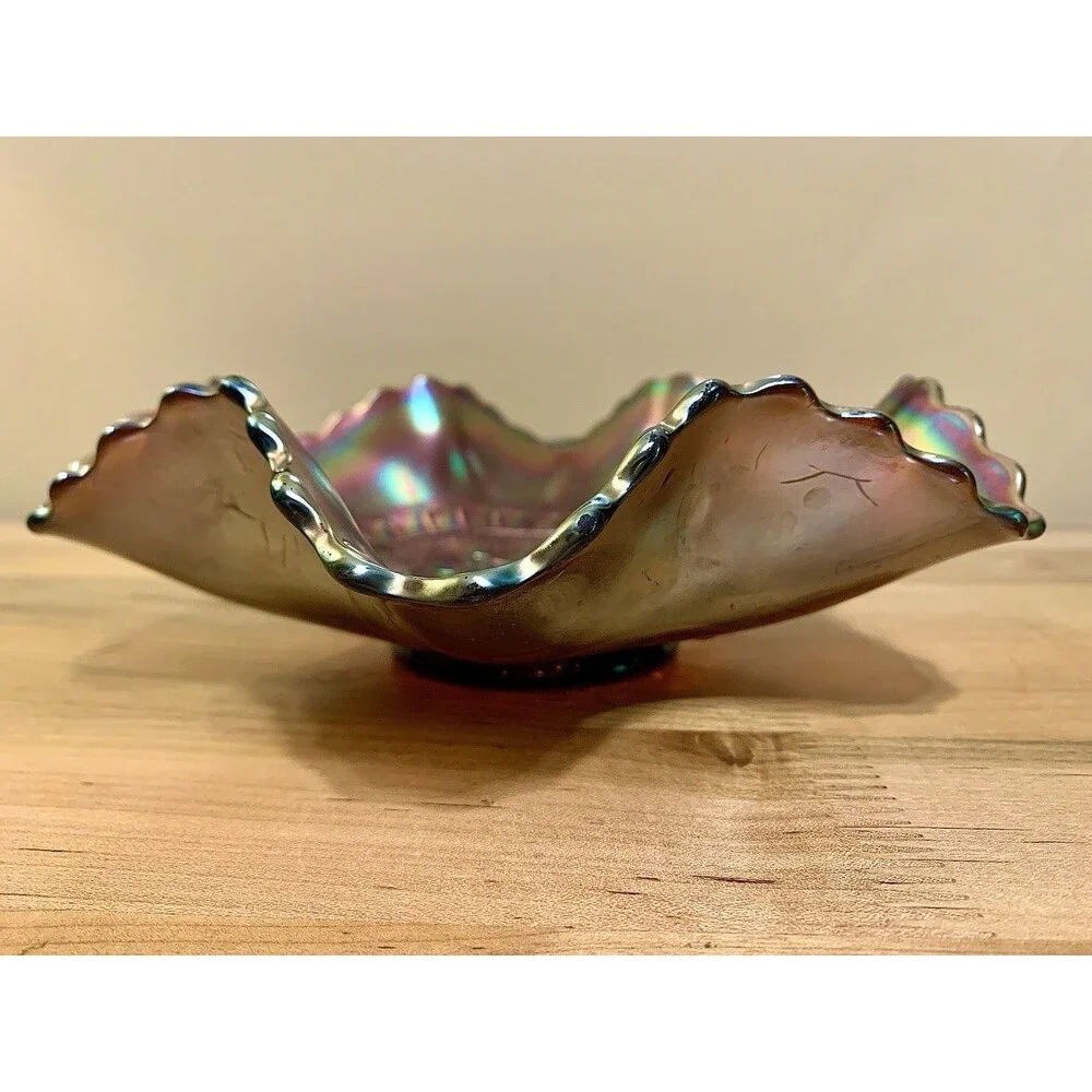 Antique Dugan Amethyst Windflower Iridescent Carnival Glass Ruffled Bowl 8